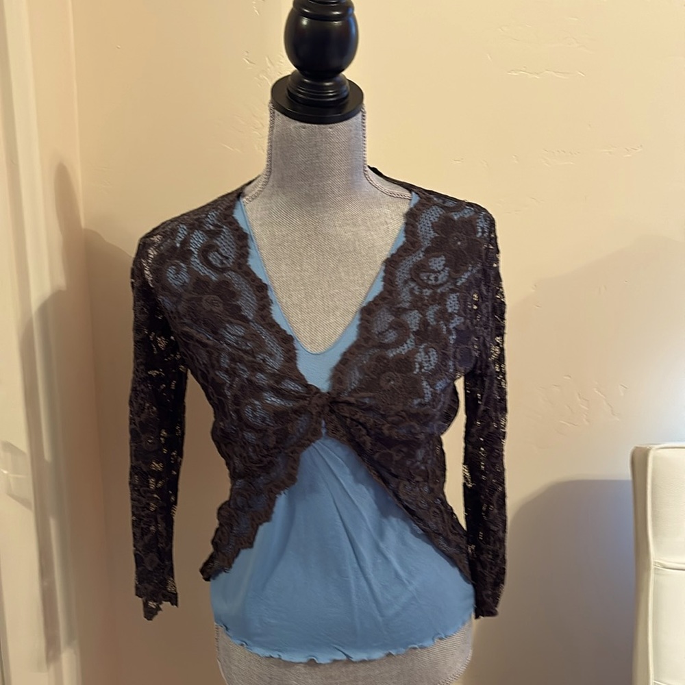 Sigrid Olsen lovely soft blue top with brown lace overlay. Never worn. Size S.